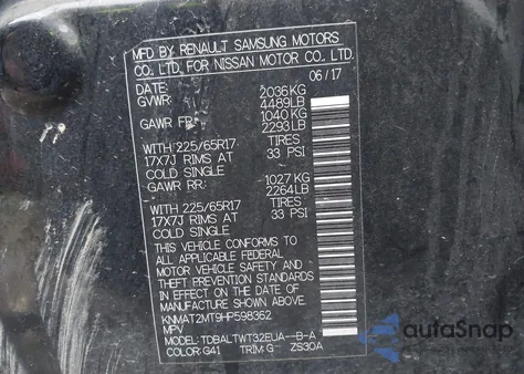 2017 Nissan Rogue Sv from USA, damaged, VIN KNMAT2MT9HP598362